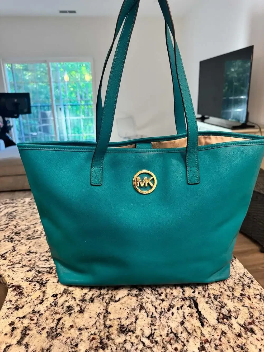Michael Kors Jet Set Travel Tote Teal Saffiano Leather Shoulder Bag Purse